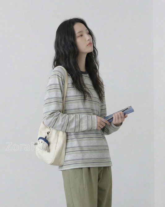 深綠色條紋寬鬆落肩長袖T恤