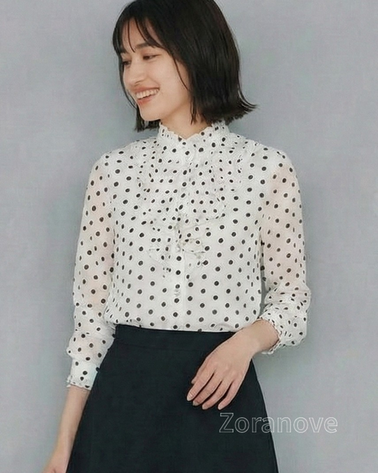波點荷葉邊立領襯衫
