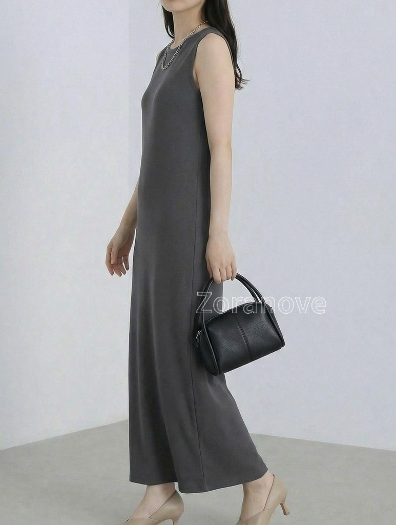 圓領短袖直筒垂墜感長版洋裝
