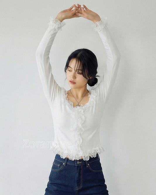 方領蕾絲滾邊修身內搭上衣