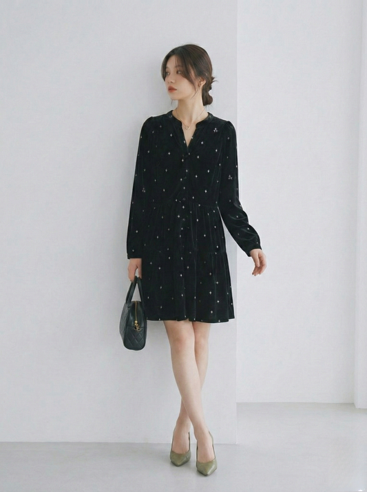 小V領排扣碎花分層長袖洋裝