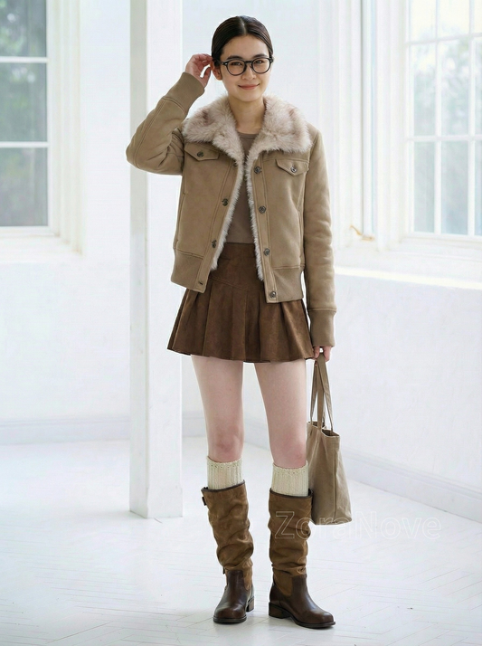 毛絨翻領短版收腰連帽衛衣外套