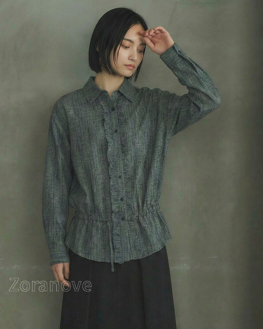 荷葉邊門襟收腰褶皺襯衫