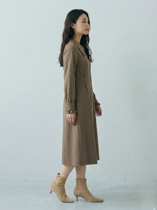 大翻領繫帶收腰襯衫洋裝