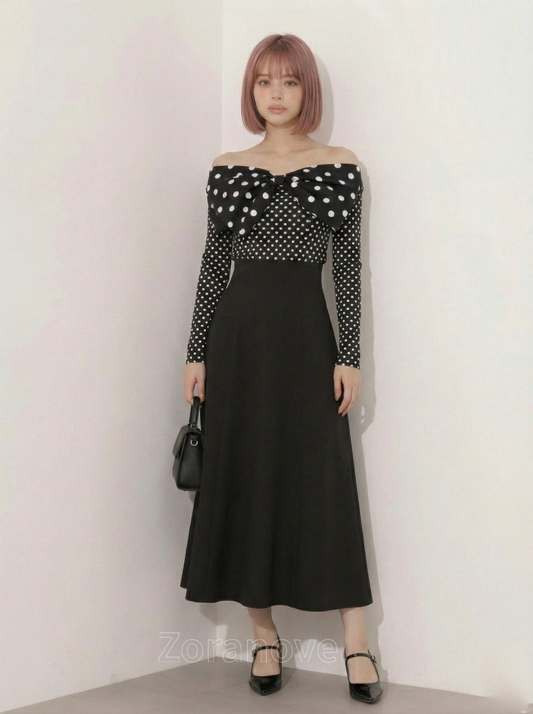 露肩蝴蝶結波點襯衫