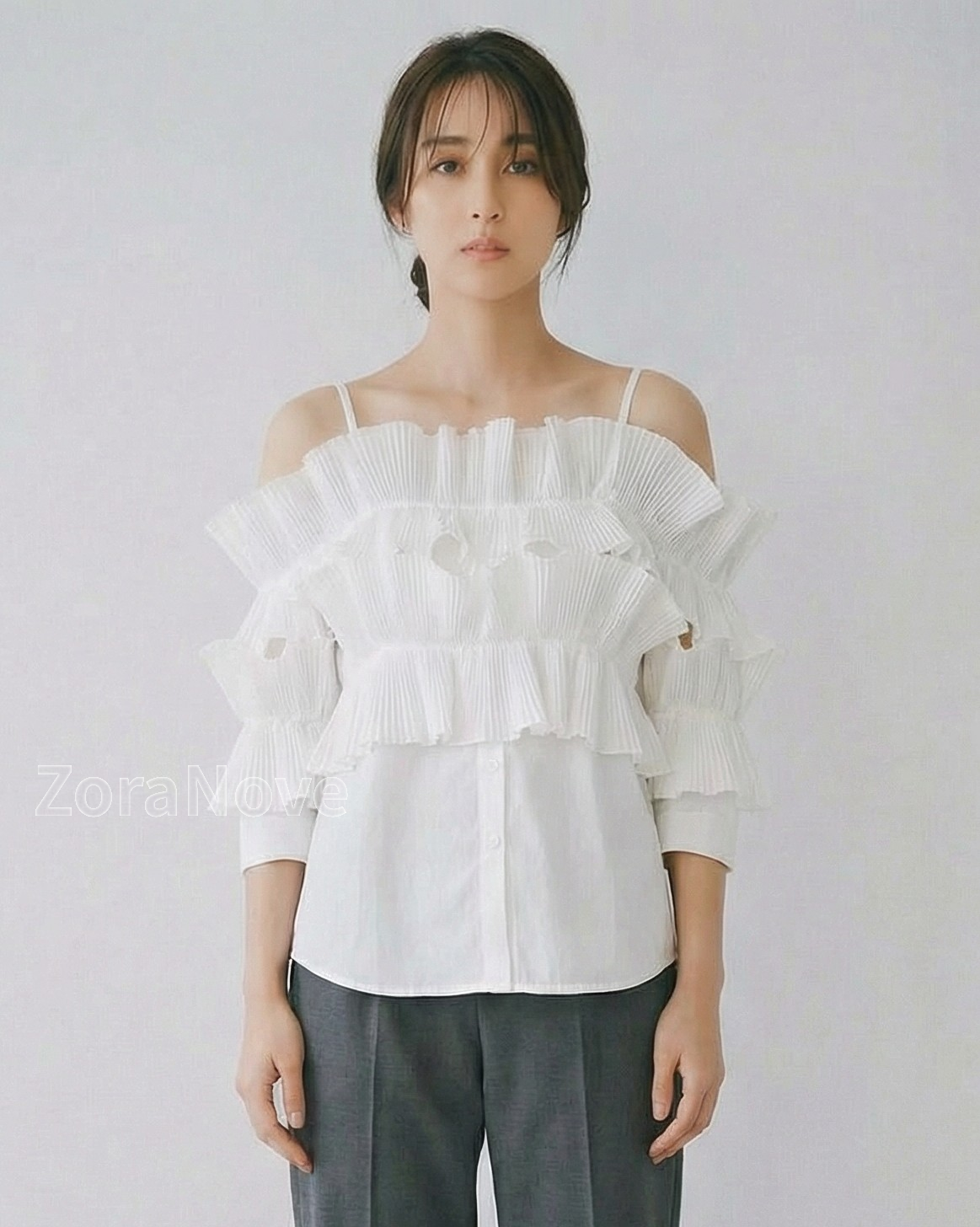 一字領荷葉褶層次感襯衫