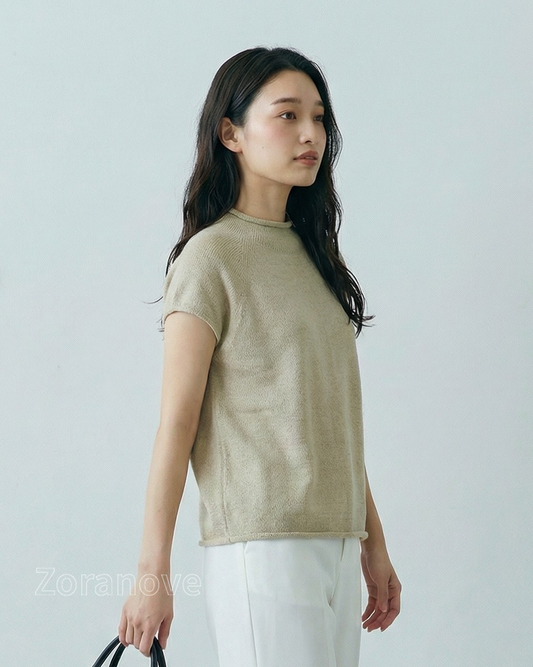立領短袖針織T恤|直筒寬鬆剪裁|下擺與袖口捲邊設計