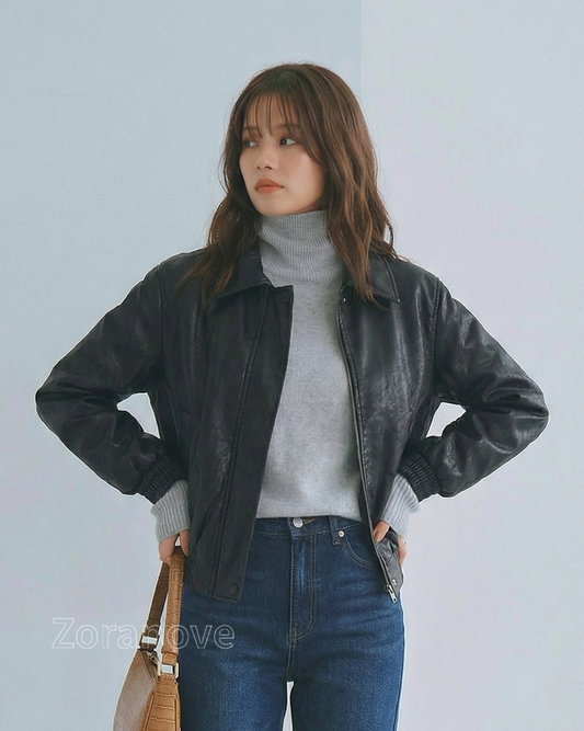 翻領短版寬鬆剪裁皮外套