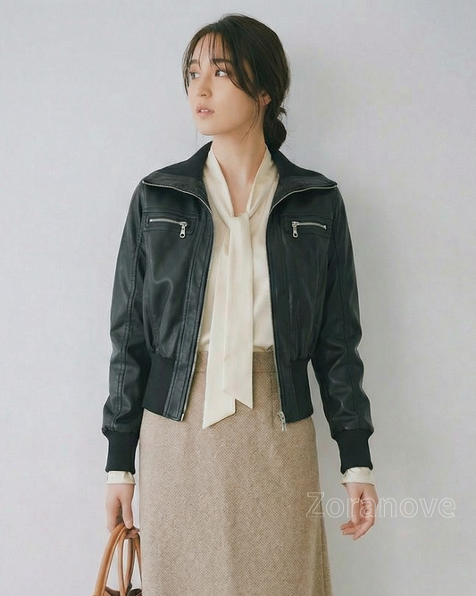 立領拉鍊收腰短版皮衣