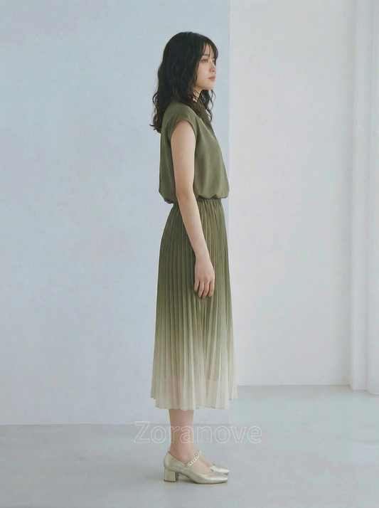 立領V字開襟收腰繫帶百褶拼接茶歇洋裝