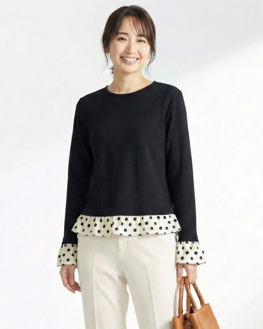 修身顯腰波點荷葉邊假兩件長袖T恤