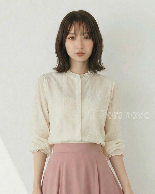 杏色立領荷葉邊刺繡襯衫