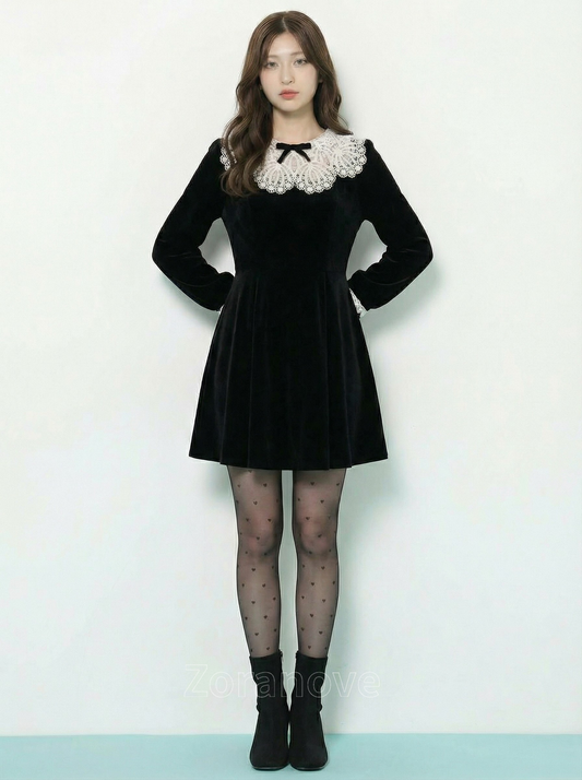 蕾絲大翻領蝴蝶結拼接天鵝絨洋裝