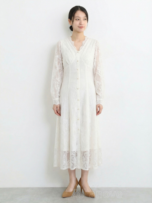 法式蕾絲拼接|珍珠排扣收腰V領長袖洋裝