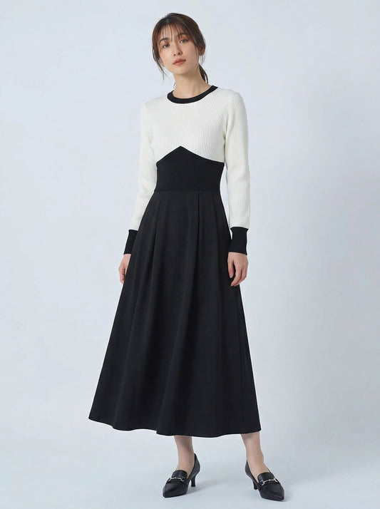 撞色拼接收腰A字型長袖洋裝