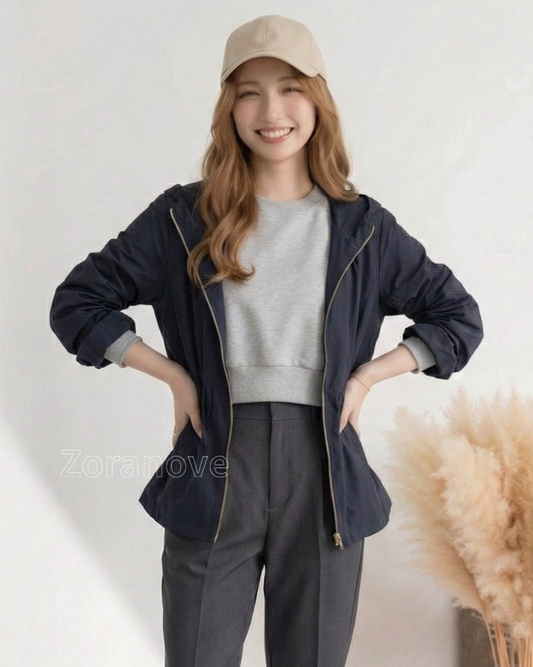 連帽拉鍊收腰A字型風衣