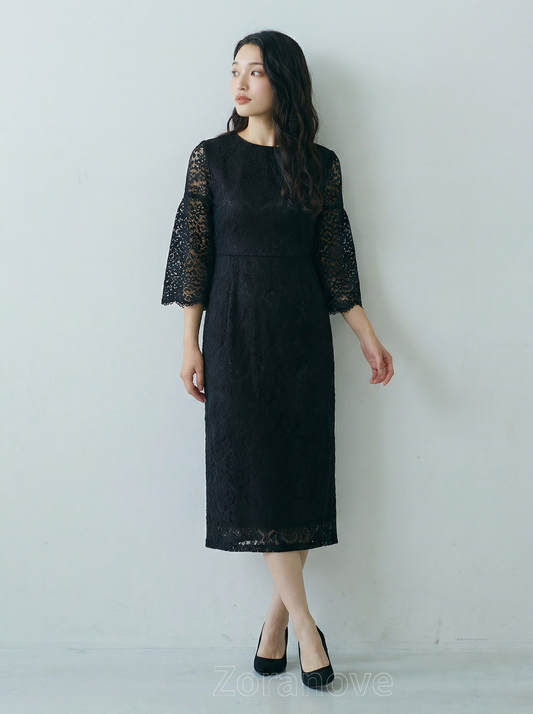 喇叭袖蕾絲拼接收腰直筒連身裙