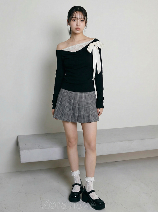 斜肩設計露鎖骨蝴蝶結T恤|蕾絲拼接領口