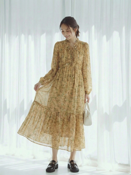 系帶褶皺收腰荷葉邊長袖碎花洋裝