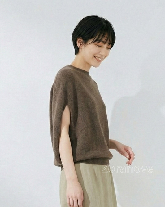 斗篷式剪裁開衩袖高領針織衫