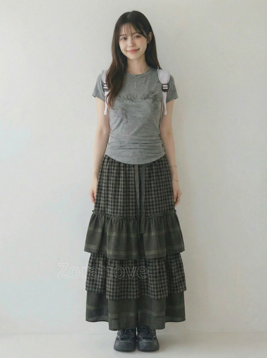 黑色鬆緊腰繫帶蛋糕層次長版半身裙