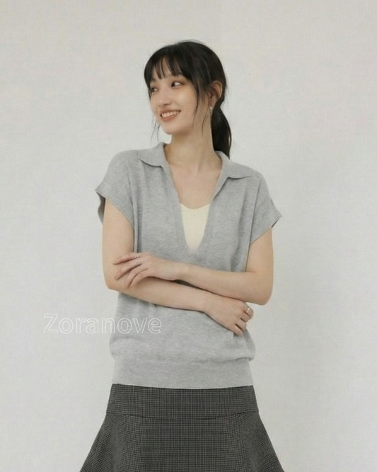 翻領深V假兩件無袖針織上衣