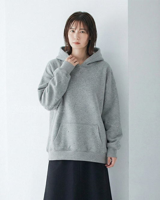 滿鑽點綴|寬鬆落肩連帽衛衣