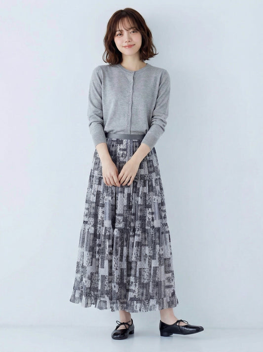 拼接印花層次荷葉邊A字中長裙