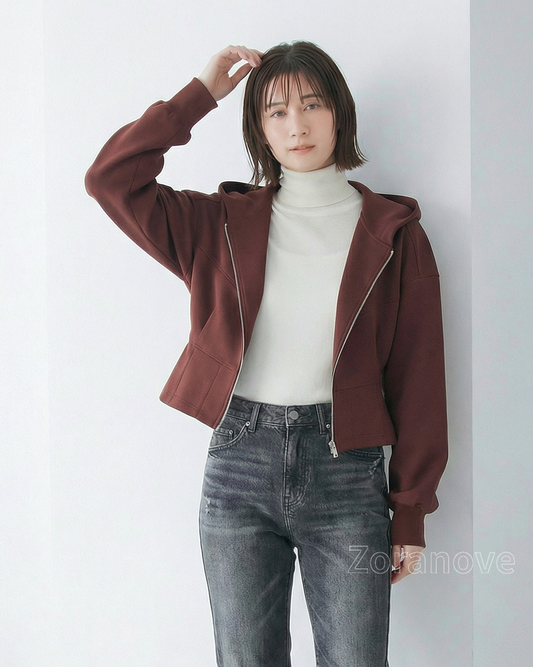 連帽斜拉鍊短版夾克