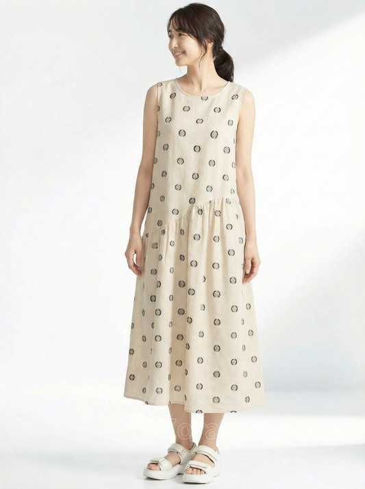淺米色波點印花寬鬆A字無袖背心洋裝