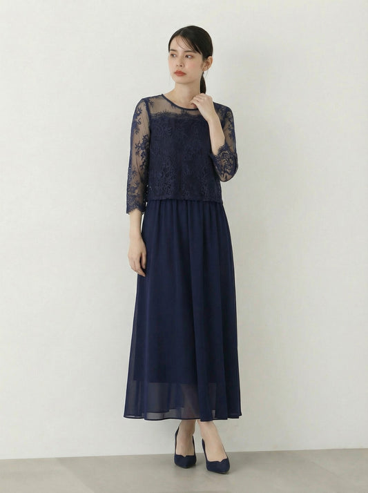 蕾絲罩衫拼接飄逸A字擺假兩件式中長洋裝
