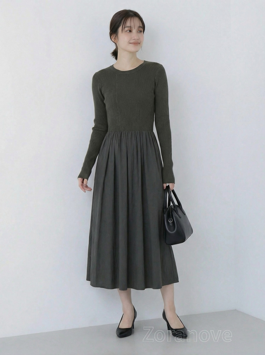 羅紋修身高腰拼接長裙|針織上身+垂墜裙擺連身裙