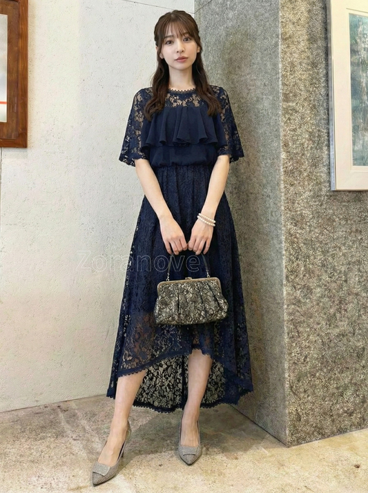 荷葉層次拼接・不規則前短後長下擺・蕾絲洋裝