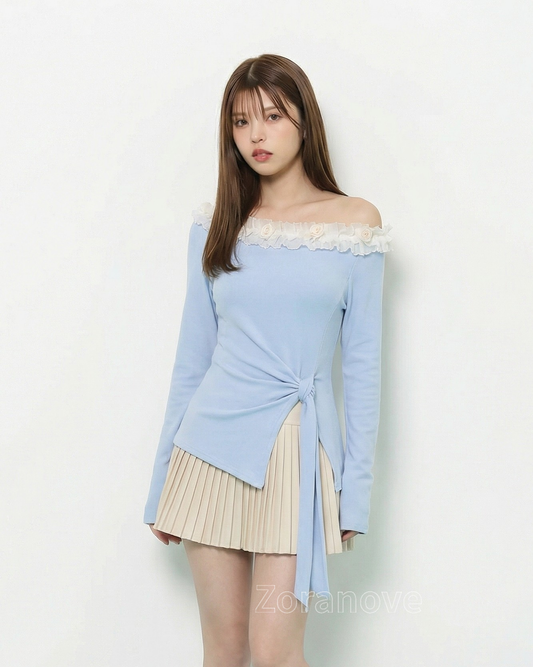 一字領蕾絲拼接側腰綁帶收腰長袖T恤