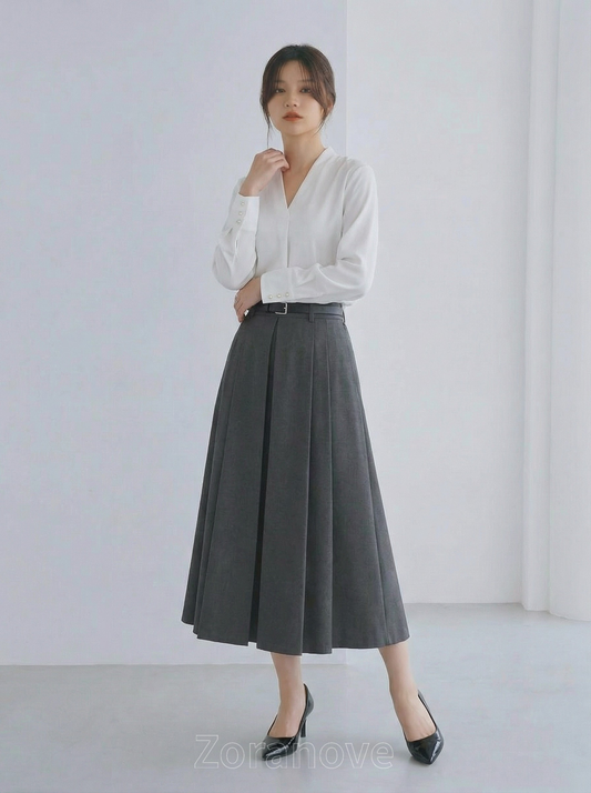 高腰腰帶設計 立體褶皺A字傘裙(中長版)