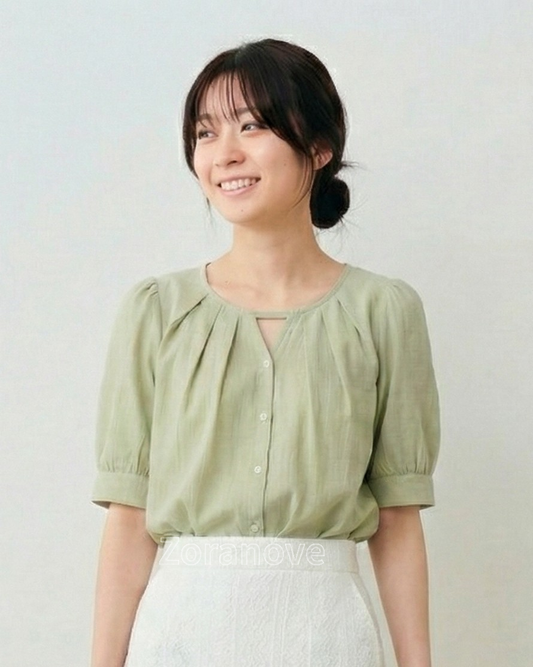 圓領褶皺泡泡袖短袖襯衫