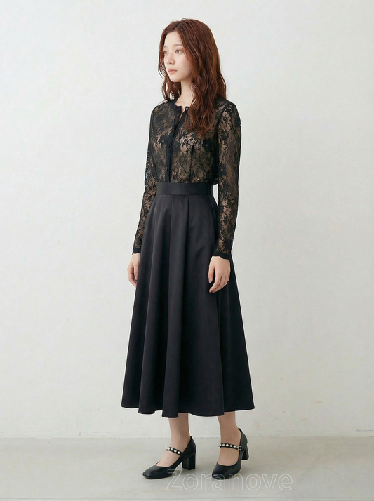 黑色蕾絲拼接修身洋裝上衣+高腰大擺長裙兩件式套裝