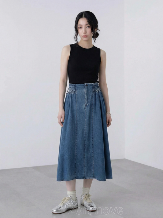高腰繫繩褶皺A字牛仔裙