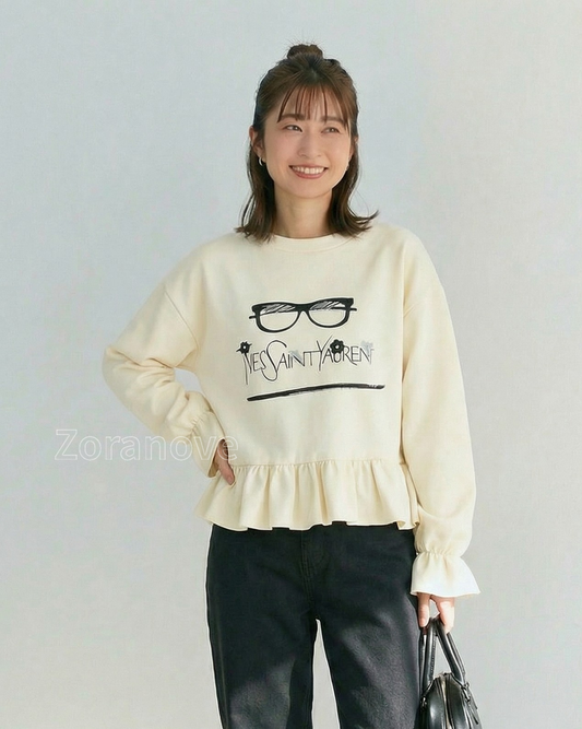 眼鏡印花荷葉邊寬鬆衛衣