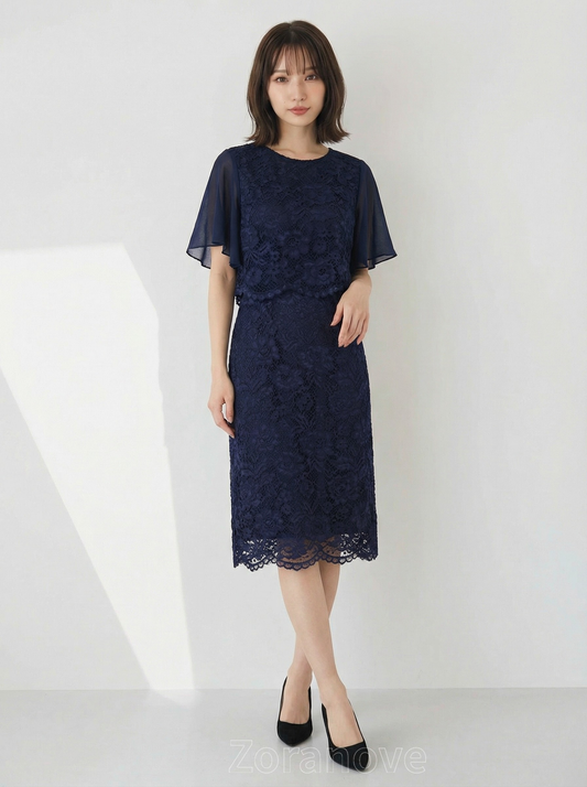 蕾絲層疊收腰荷葉袖蕾絲拼接雪紡洋裝