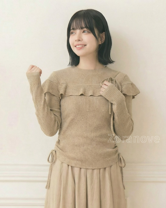 斜襟繫帶荷葉邊假兩件長袖T恤