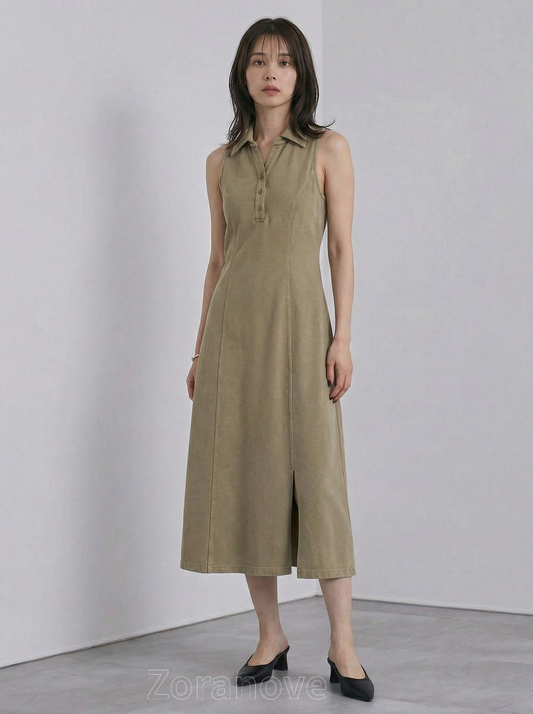 翻領門襟修身剪裁無袖露肩開衩長版連身裙(A字裙)