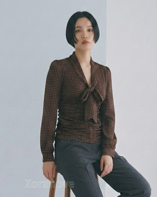 棕色波點V領綁帶褶皺長袖襯衫