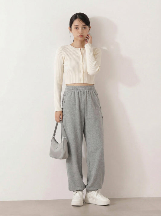 側邊綁繩高腰寬褲運動褲