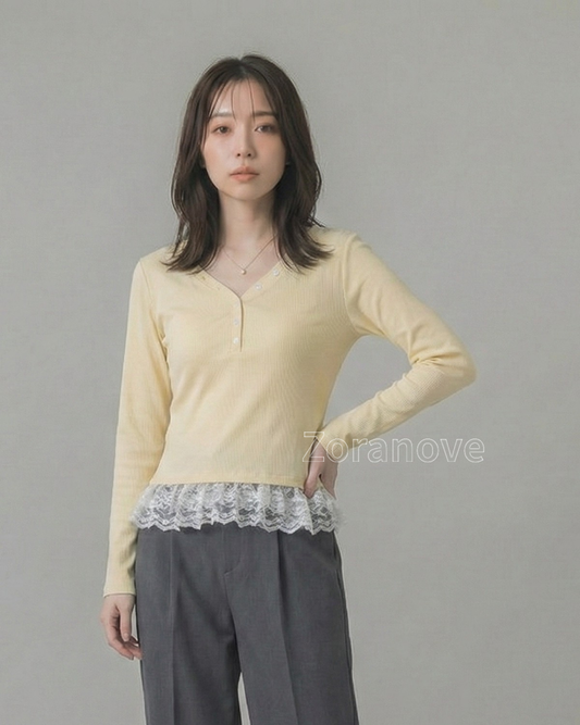 V領排扣蕾絲拼接內搭上衣