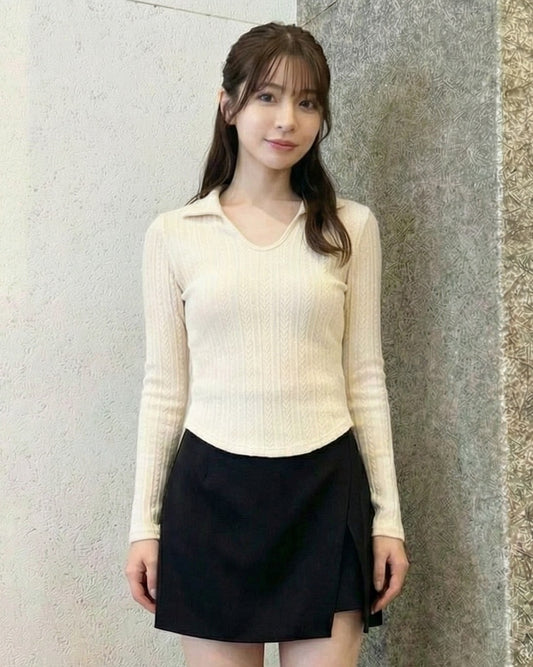 翻領U領修身坑條針織衫