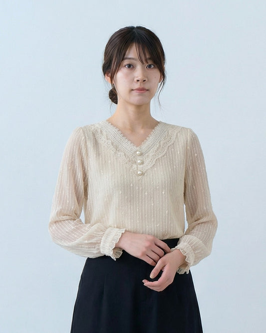 蕾絲V領珍珠鈕扣直條紋雪紡上衣