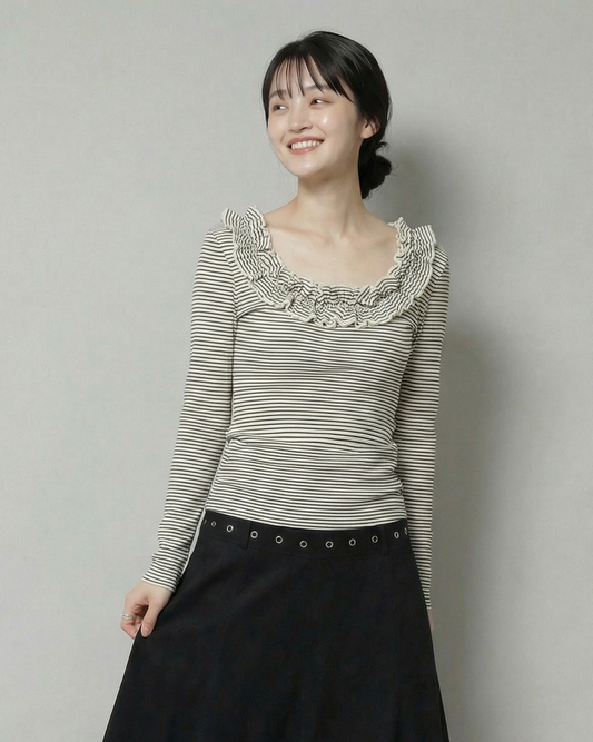 荷葉邊方領條紋修身針織上衣