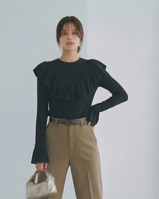 立體泡泡肩+荷葉邊褶飾修身T恤