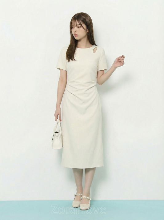 肩部鏤空收腰A字短袖洋裝